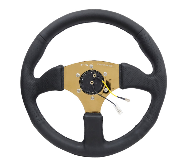 NRG RST-023GD-R Reinforced Steering Wheel (350mm / 2.5in. Deep) Leather Race Comfort Grip w/4mm Gold Spokes
