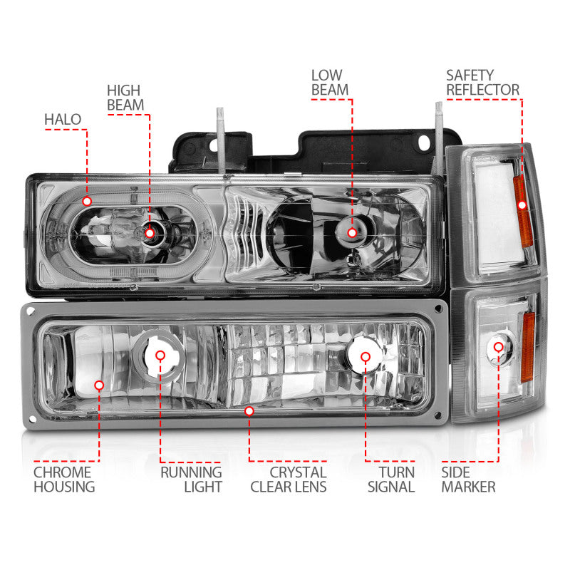 ANZO 111508 88-98 Chevrolet C1500 Crystal Headlights Chrome Housing w/ Signal and Side Marker Lights