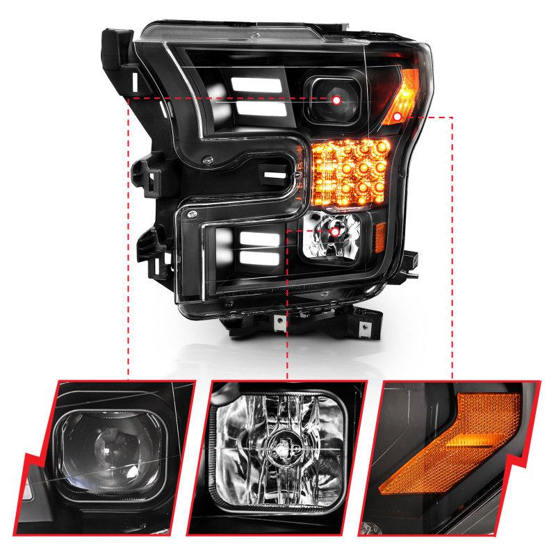 ANZO 111408 15-17 Ford F-150 Project Headlights w/ Plank Style Design Black w/ Amber Sequential Turn Signal