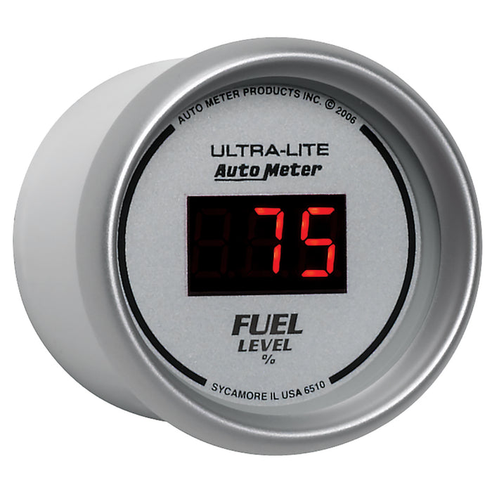 AutoMeter 6510 Autometer Ultra-Lite Digital 2-1/16in 0-280 OHM Silver Dial w/ Red LED Programmable Fuel Level Gage