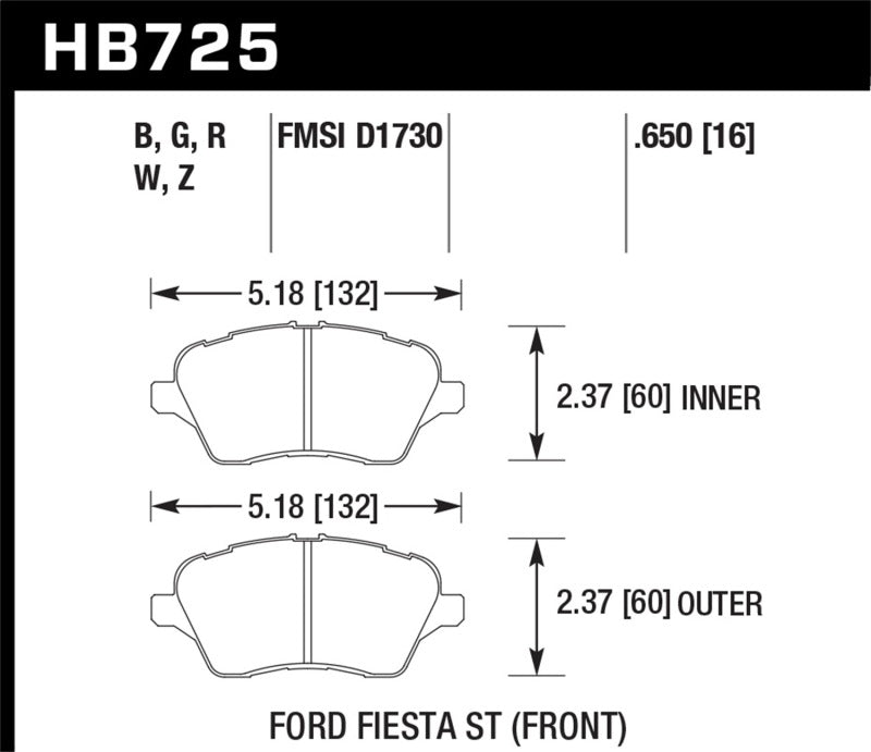 Hawk Performance HB725Z.650 Hawk 2014 Ford Fiesta ST Performance Ceramic Front Brake Pads