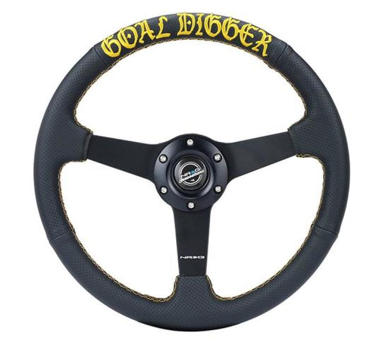 NRG RST-037MB-PR-GD Sport Steering Wheel (350mm / 1.5in Deep) Black Leather/Gold Stitch w/Matte Black Solid Spokes