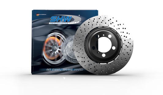 SHW Performance PRL41987 SHW 20-21 Porsche 718 Cayman GT4 4.0L Left Rear Drilled-Dimp Lightweight Brake Rotor (98135240781)