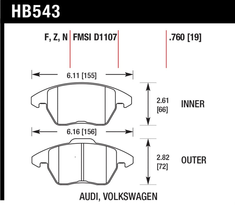 Hawk Performance HB543F.760 Hawk Audi A3 Quattro / VW EOS / Golf / Jetta / Passat / Rabbit HPS Front Brake Pads