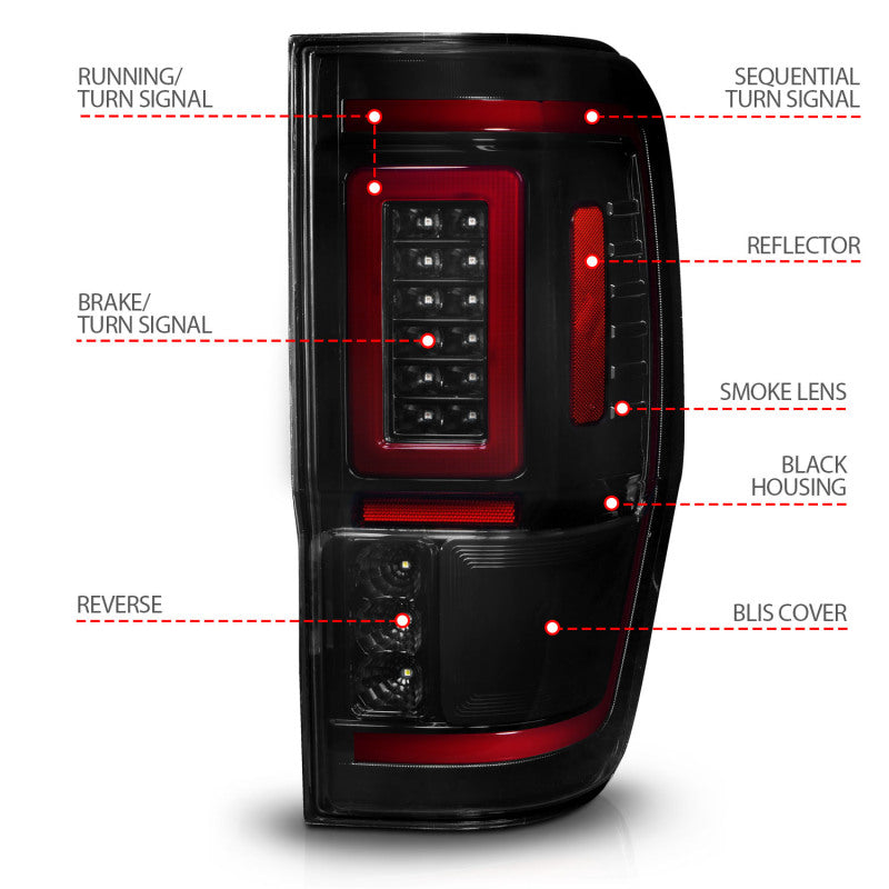 ANZO 311447 19-22 Ford Ranger Full LED Taillights w/ Lightbar Sequential Signal Black Housing/Smoke Lens