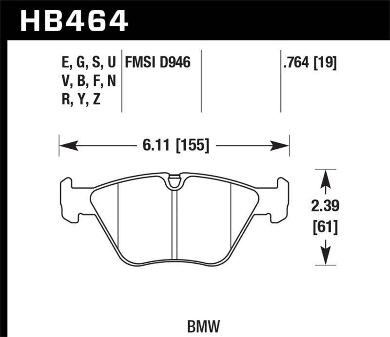 Hawk Performance HB464D.764 Hawk 01-05 BMW 330Ci 3.0L Base Front ER-1 Brake Pads