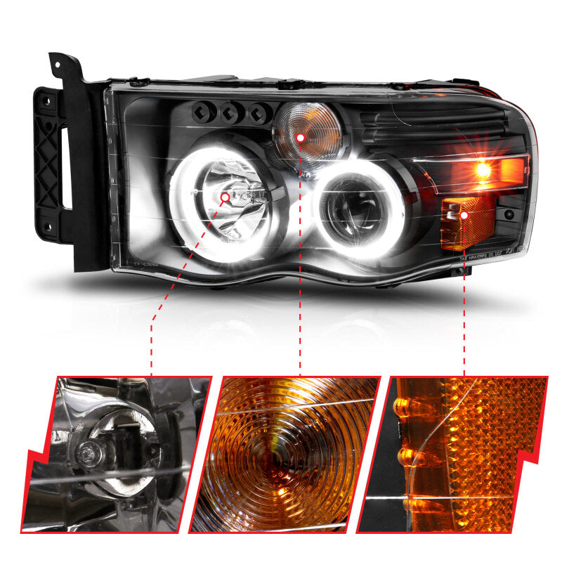 ANZO 111490 2002-2005 Dodge RAM 1500 Projector Headlights w/ Halo Black Clear Amber