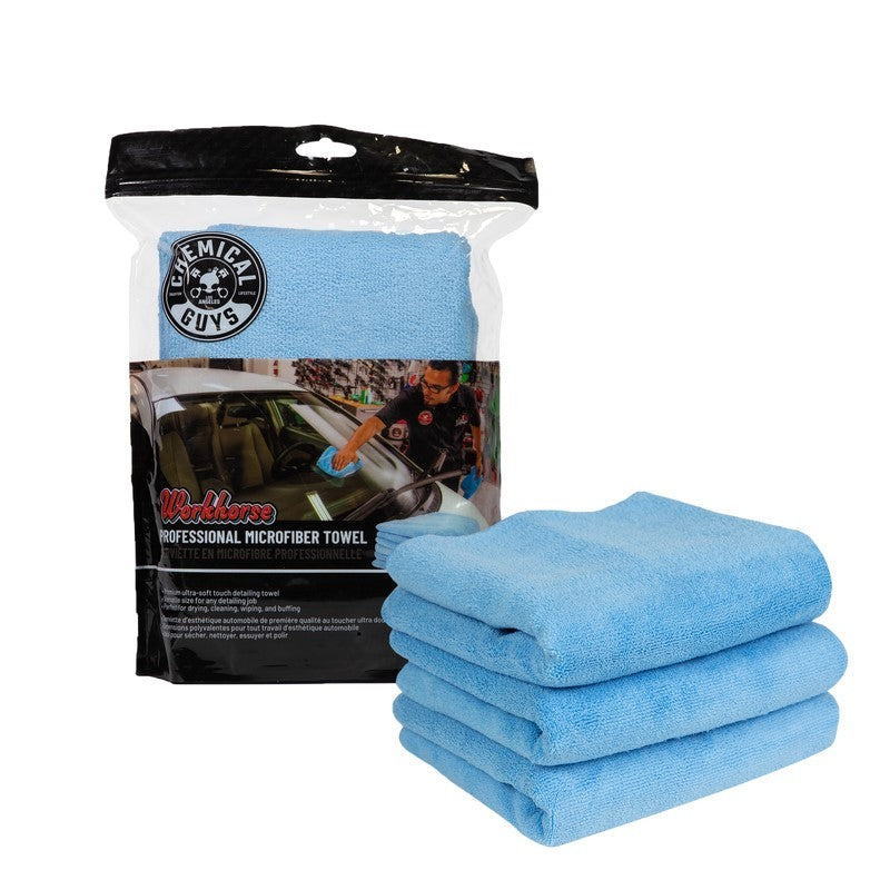 Chemical Guys MICBLUE03 Workhorse Professional Microfiber Towel - 16in x 16in - Blue - 3 Pack