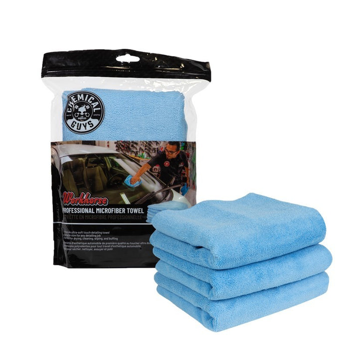Chemical Guys MICBLUE03 Workhorse Professional Microfiber Towel - 16in x 16in - Blue - 3 Pack