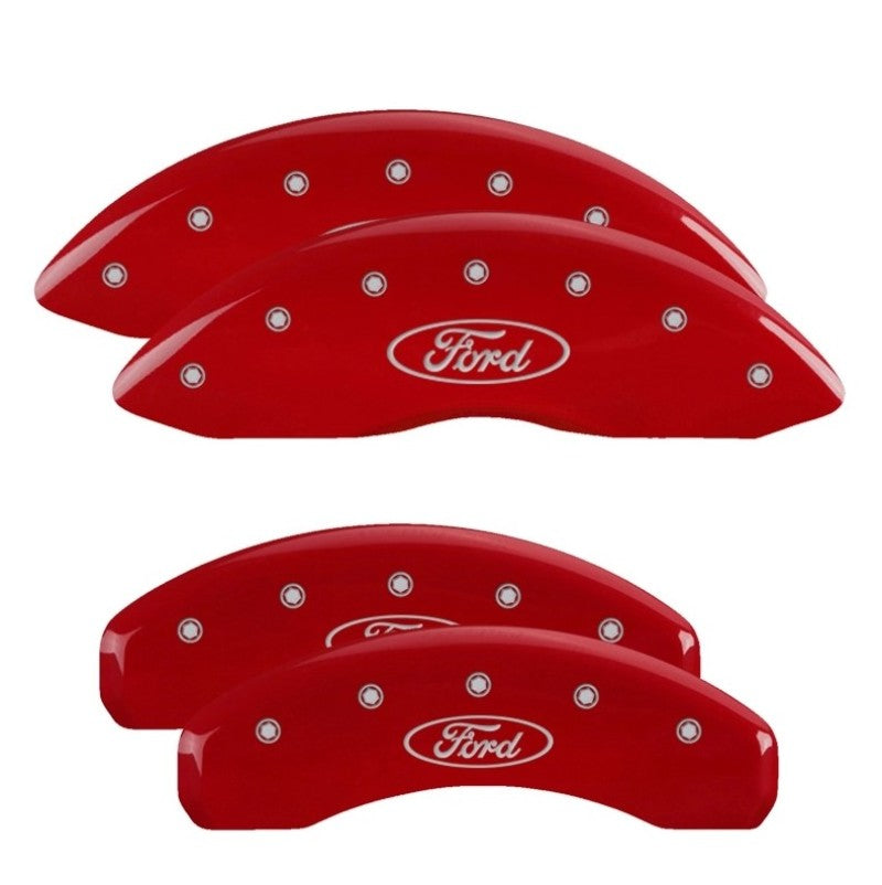 MGP 10256SFRDRD 4 Caliper Covers Engraved Front & Rear Ford Oval Logo Red Finish Silver Char 2021 Ford F-150