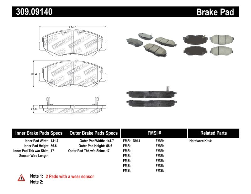 Stoptech 309.09140 StopTech Performance 03-10 Honda Accord / 02-06 CR-V / 03-08 Pilot Front Brake Pads