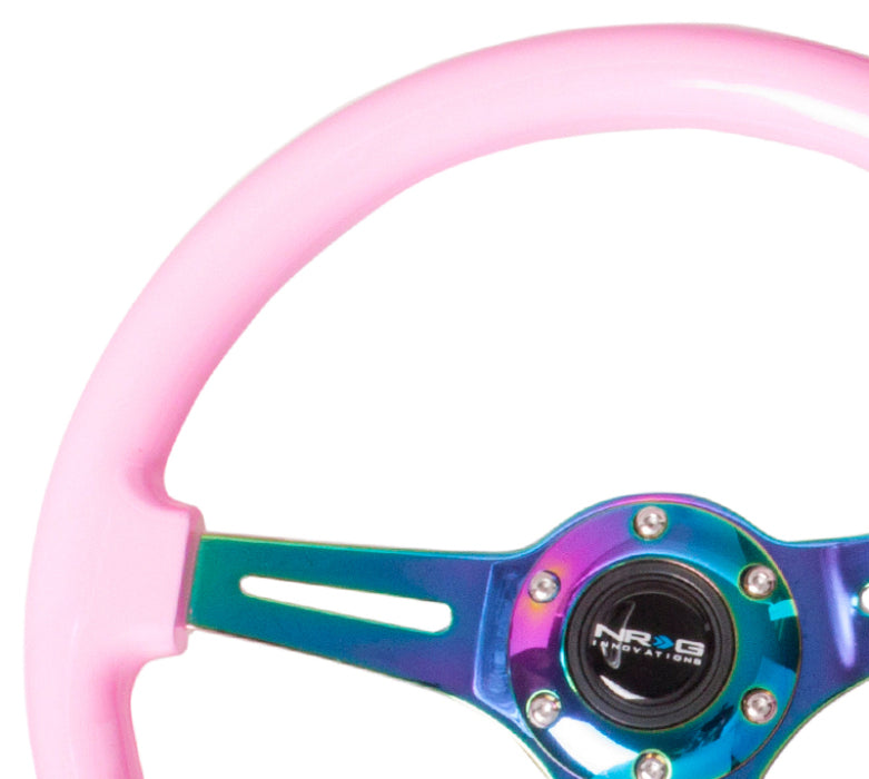 NRG ST-015MC-PK Classic Wood Grain Steering Wheel (350mm) Solid Pink Painted Grip w/Neochrome 3-Spoke Center