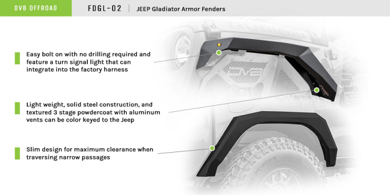 DV8 Offroad FDGL-02 2019+ Jeep Gladiator Armor Fenders