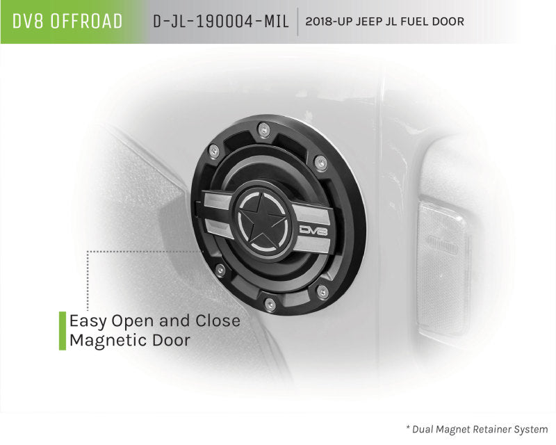 DV8 Offroad D-JL-190004-MIL 2018+ Jeep JL Aluminum Fuel Door for 20-Pres Wrangler