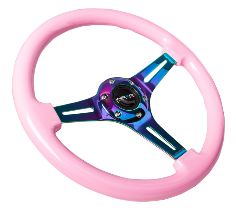 NRG ST-015MC-PK Classic Wood Grain Steering Wheel (350mm) Solid Pink Painted Grip w/Neochrome 3-Spoke Center