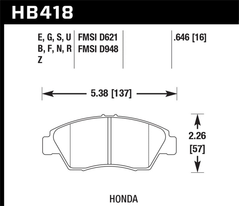 Hawk Performance HB418G.646 Hawk 02-06 RSX (non-S) Front / 03-11 Civic Hybrid / 04-05 Civic Si HP DTC-60 Front Race Brake Pads
