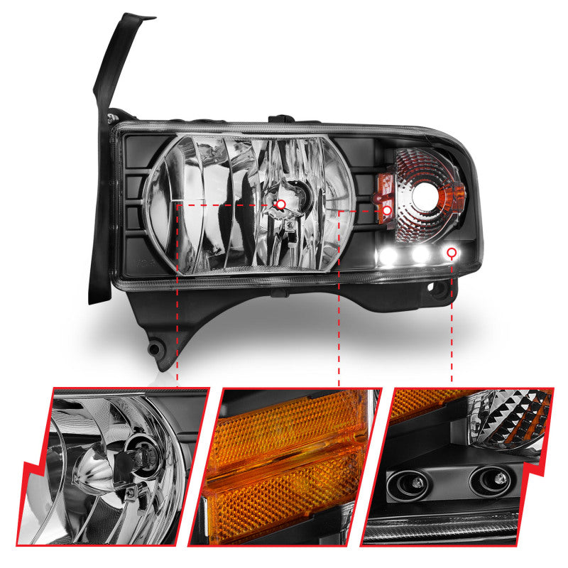 ANZO 111205 1994-2001 Dodge RAM Crystal Headlights Black w/ LED