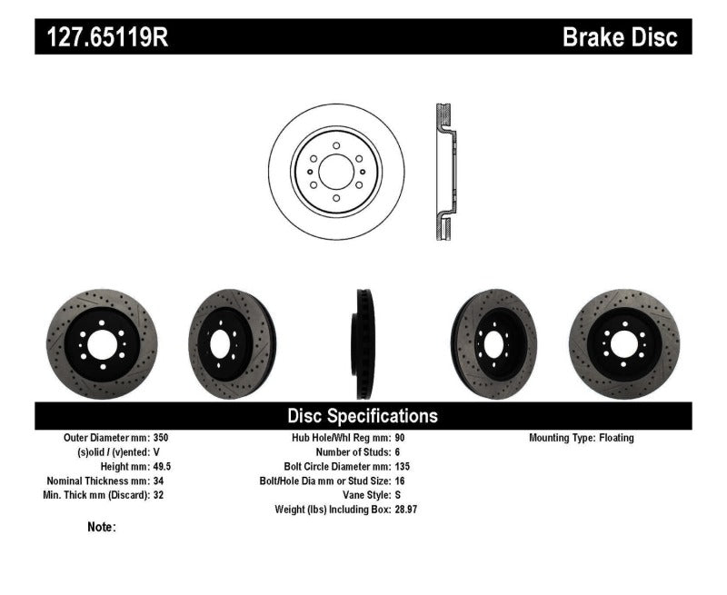 Stoptech 127.65119R StopTech Slotted & Drilled Sport Brake Rotor