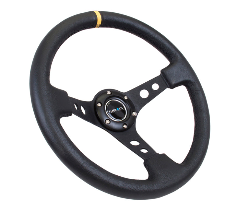 NRG RST-006BK-Y Reinforced Steering Wheel (350mm / 3in. Deep) Blk Leather w/Blk Cutout Spoke/Yellow Center Mark