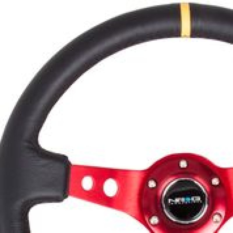 NRG RST-006RD-Y Reinforced Steering Wheel (350mm / 3in. Deep) Blk Leather w/Red Spokes & Sgl Yellow Center Mark