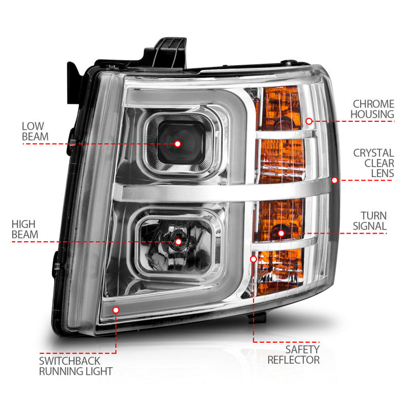 ANZO 111546 2007-2013 Chevrolet Silverado 1500 Projector w/ Light Bar Chrome Housing w/ Sequential
