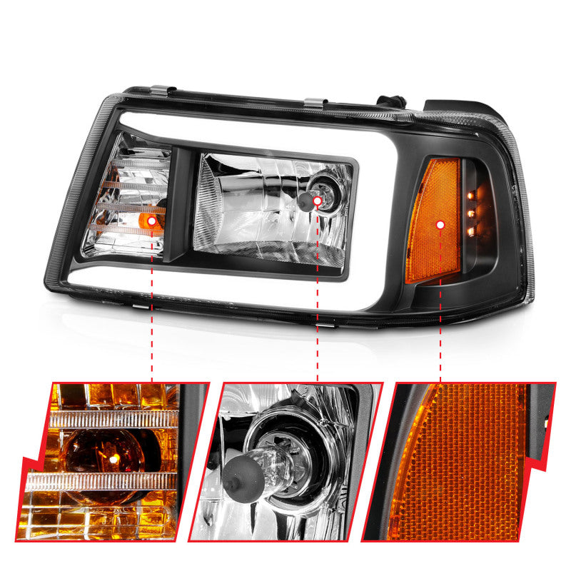 ANZO 111511 2001-2011 Ford Ranger Crystal Headlights w/ Light Bar Black Housing