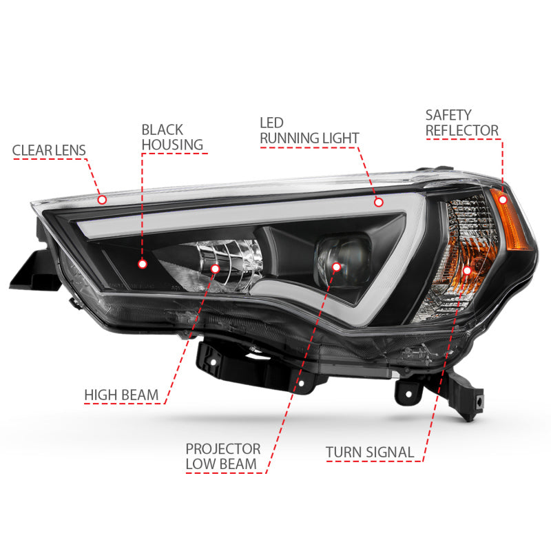 ANZO 111416 14-18 Toyota 4 Runner Plank Style Projector Headlights Black w/ Amber