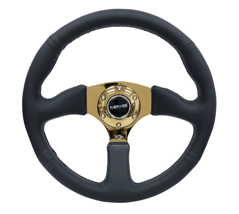NRG RST-023GD-R Reinforced Steering Wheel (350mm / 2.5in. Deep) Leather Race Comfort Grip w/4mm Gold Spokes