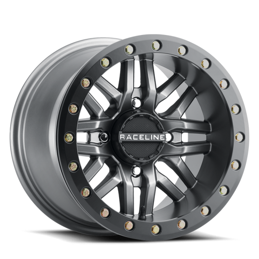 Raceline A91G-47056-52 A91G Ryno 14x7in/4x156 BP/10mm Offset/132.5mm Bore - Gunmetal & Black Ring Beadlock Wheel