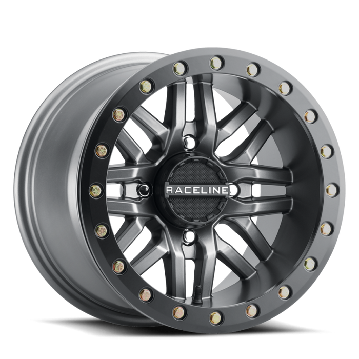 Raceline A91G-57037-52 A91G Ryno 15x7in/4x137 BP/10mm Offset/110.18mm Bore - Gunmetal & Black Ring Beadlock Wheel