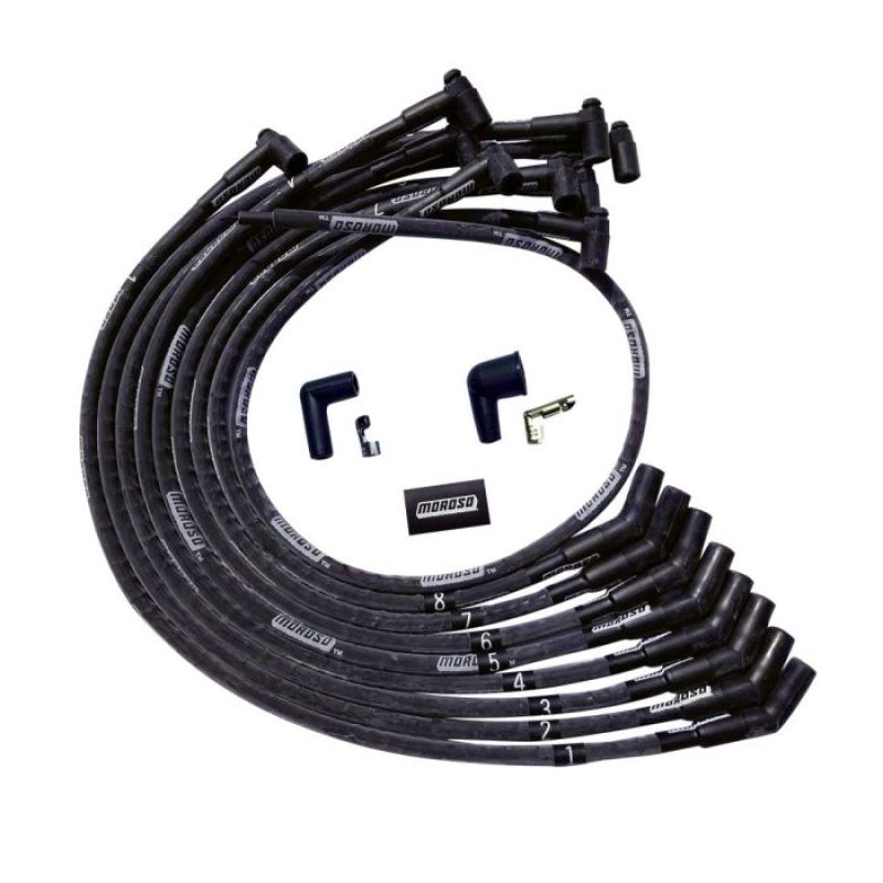 Moroso 51542 BBC Over Valve Cover 135 Deg Plug HEI Sleeved Ultra Spark Plug Wire Set - Black