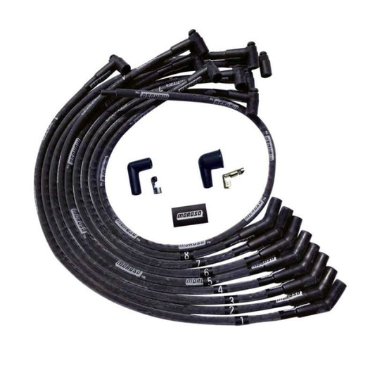 Moroso 51542 BBC Over Valve Cover 135 Deg Plug HEI Sleeved Ultra Spark Plug Wire Set - Black