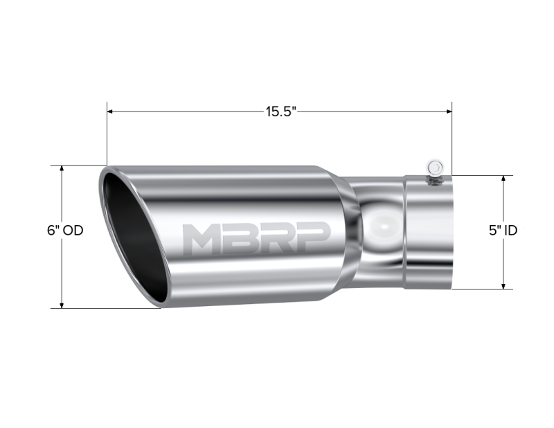 MBRP T5154 Universal Tip 6in OD 5in Inlet 15.5in Length 30 Deg Bend Angled Rolled End T304