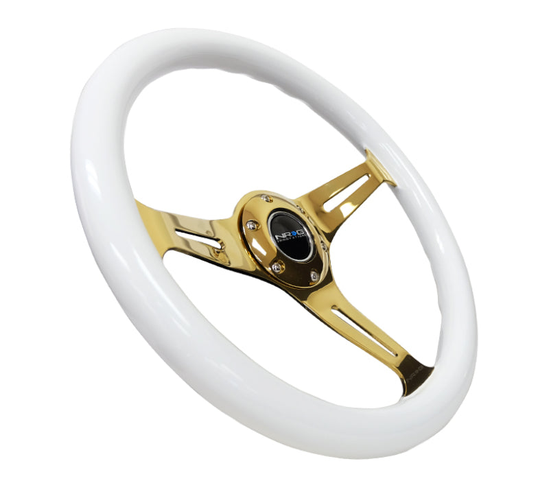 NRG ST-015CG-WT Classic Wood Grain Steering Wheel (350mm) White Grip w/Chrome Gold 3-Spoke Center