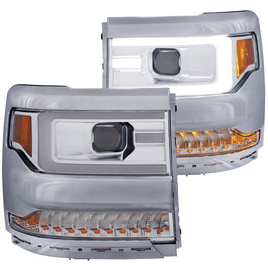 ANZO 111374 16-17 Chevy Silverado 1500 Projector Headlights Plank Style Design Chrome w/ Amber