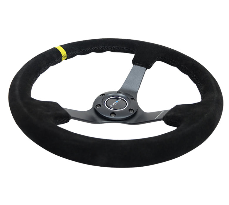 NRG RST-036MB-S-Y Reinforced Steering Wheel (350mm / 3in. Deep) Blk Suede/X-Stitch w/5mm Blk Spoke & Yellow CM