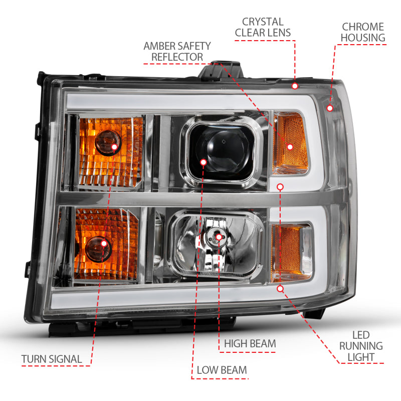 ANZO 111483 2007-2013 GMC Sierra 1500 Projector Headlight Plank Style Chrome w/ Clear Lens Amber