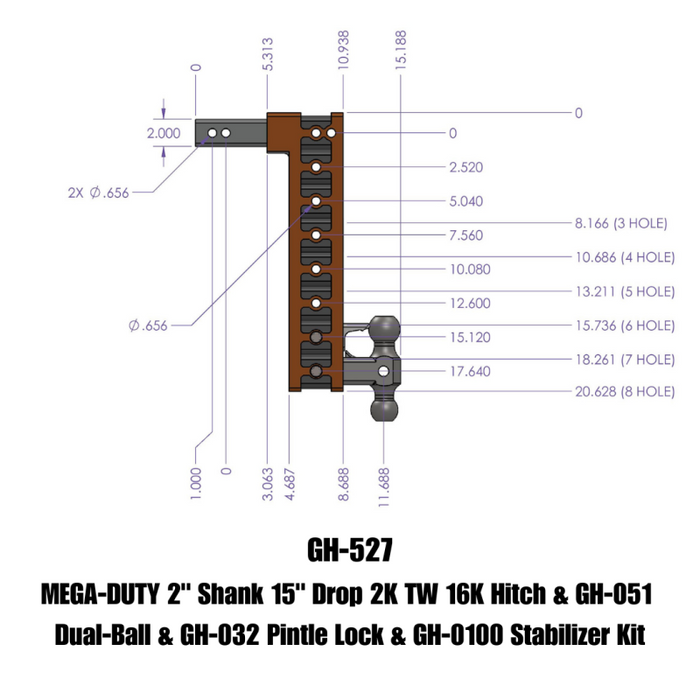GEN-Y Hitch GH-527 Gen-Y Mega Duty 2in Shank 15in Drop 16K Hitch w/Dual-Ball/Pintle Lock/Stabilizer Kit