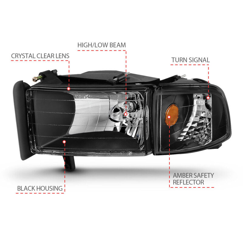 ANZO 111067 1994-2001 Dodge RAM Crystal Headlights Black