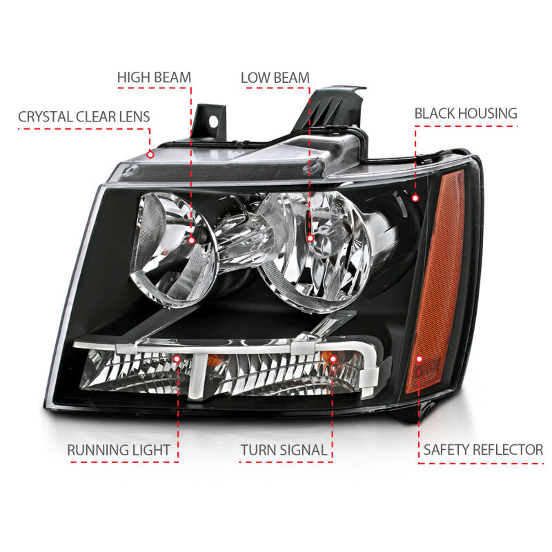 ANZO 111392 2007-2014 Chevrolet Tahoe/Suburban Crystal Headlights Black