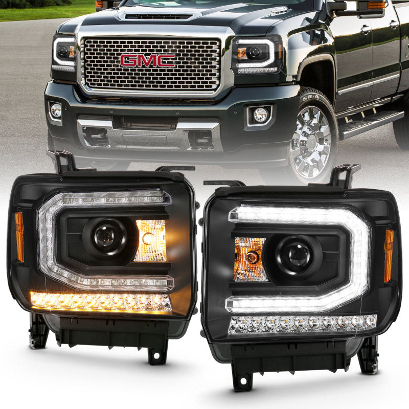 ANZO 111485 2016-2019 GMC Sierra 1500 Projector Headlight Plank Style Black w/ Sequential Amber Signal