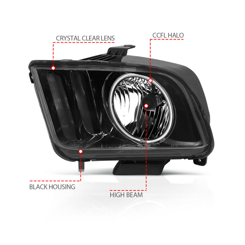 ANZO 121033 2005-2009 Ford Mustang Crystal Headlights w/ Halo Black (CCFL)