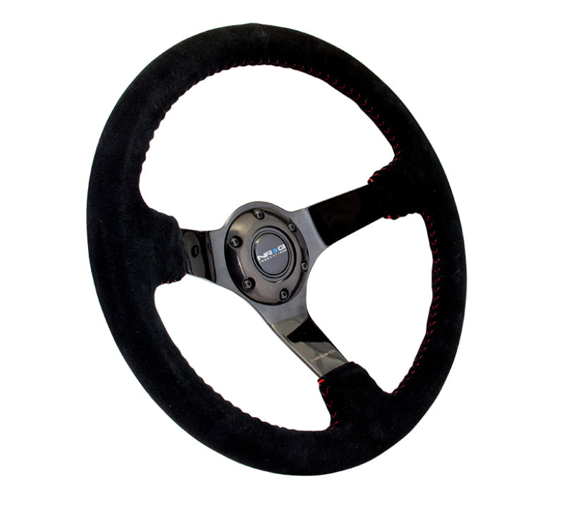 NRG RST-036BK-S Reinforced Steering Wheel (350mm / 3in. Deep) Blk Suede w/Red BBall Stitch & Black 3-Spoke