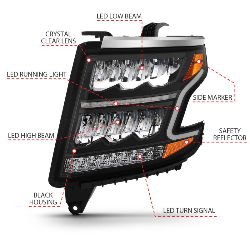 ANZO 111478 15-20 Chevy Tahoe/Suburban LED Light Bar Style Headlights Black w/Sequential w/DRL w/Amber