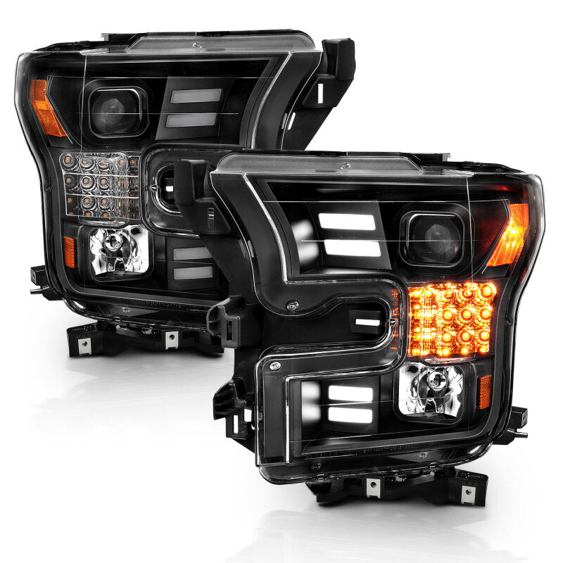 ANZO 111408 15-17 Ford F-150 Project Headlights w/ Plank Style Design Black w/ Amber Sequential Turn Signal