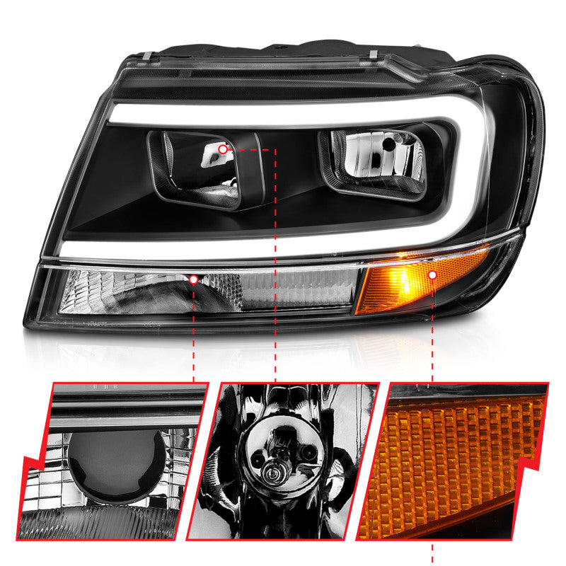 ANZO 111537 99-04 Jeep Grand Cherokee Crystal Headlights - w/ Light Bar Black Housing