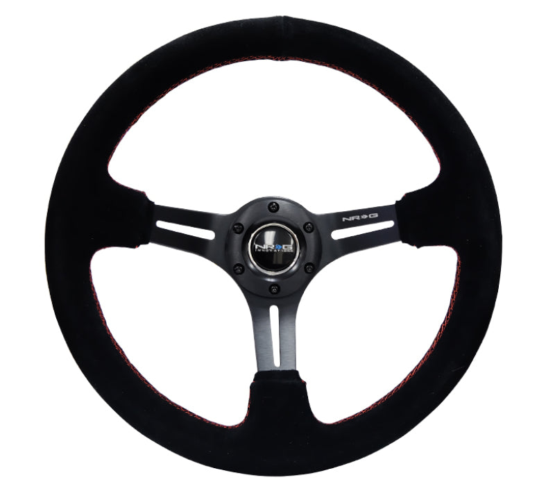 NRG RST-018S-RS Reinforced Steering Wheel (350mm / 3in. Deep) Blk Suede w/Red Stitching & 5mm Spokes w/Slits