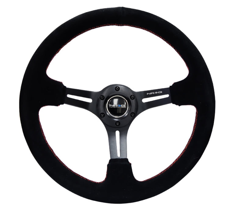 NRG RST-018S-RS Reinforced Steering Wheel (350mm / 3in. Deep) Blk Suede w/Red Stitching & 5mm Spokes w/Slits