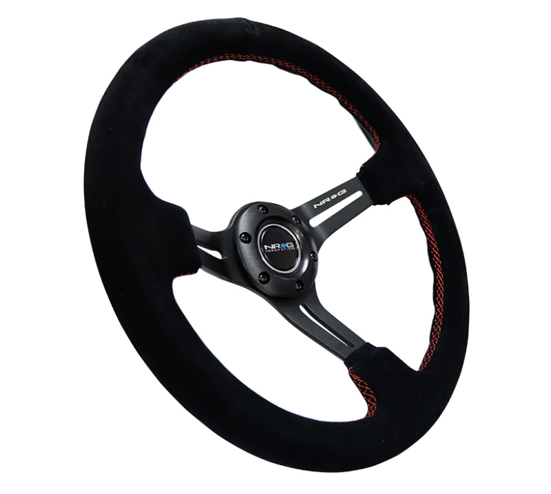 NRG RST-018S-RS Reinforced Steering Wheel (350mm / 3in. Deep) Blk Suede w/Red Stitching & 5mm Spokes w/Slits