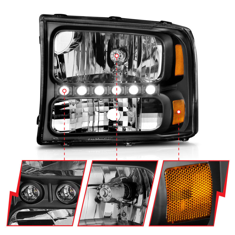 ANZO 111106 2000-2004 Ford Excursion Crystal Headlights Black w/ LED 1pc